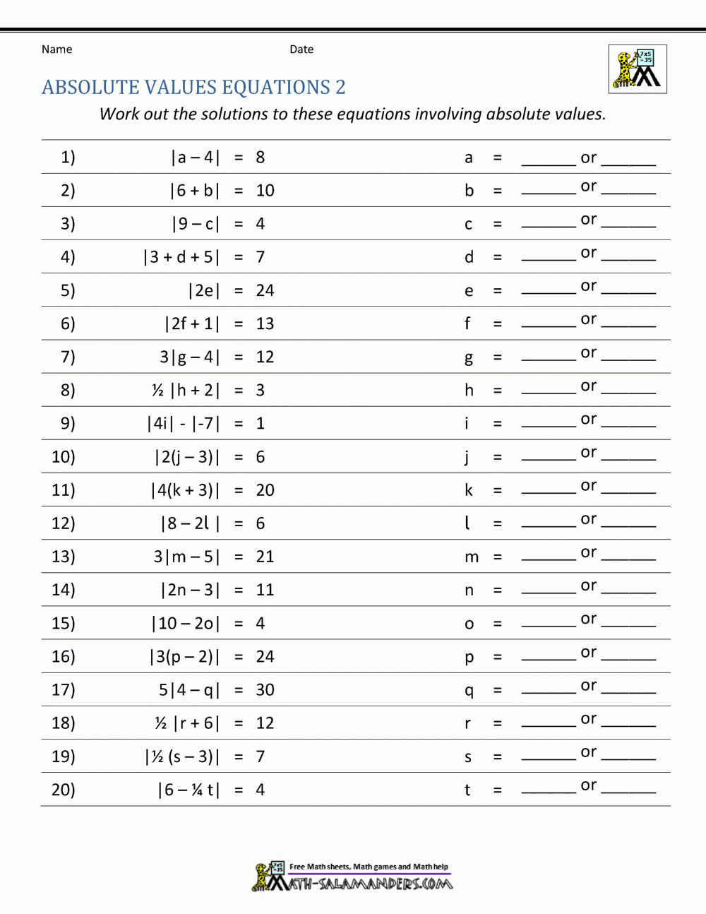 Graphing Absolute Value Functions Worksheet