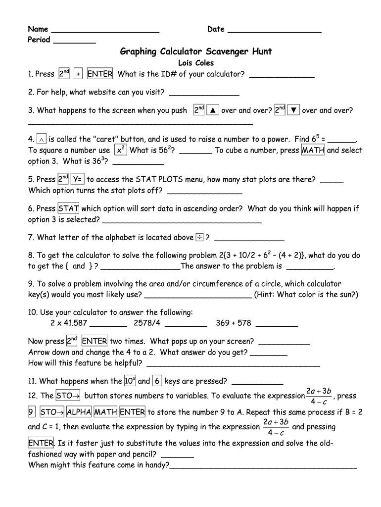 Graphing Calculator Scavenger Hunt Fill Online Printable Fillable