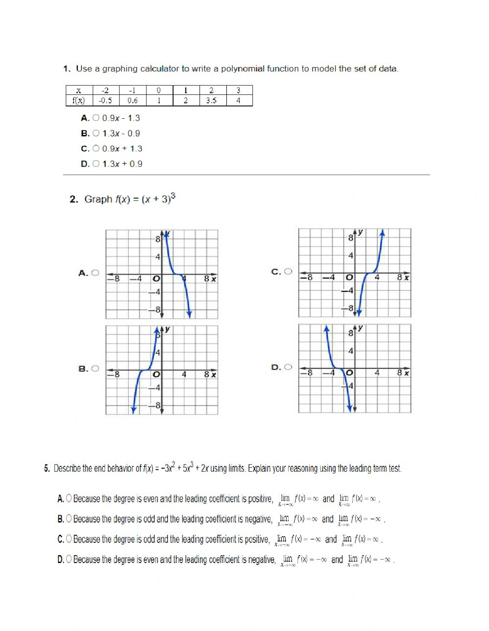 Graphing Polynomial Functions Worksheet Answers