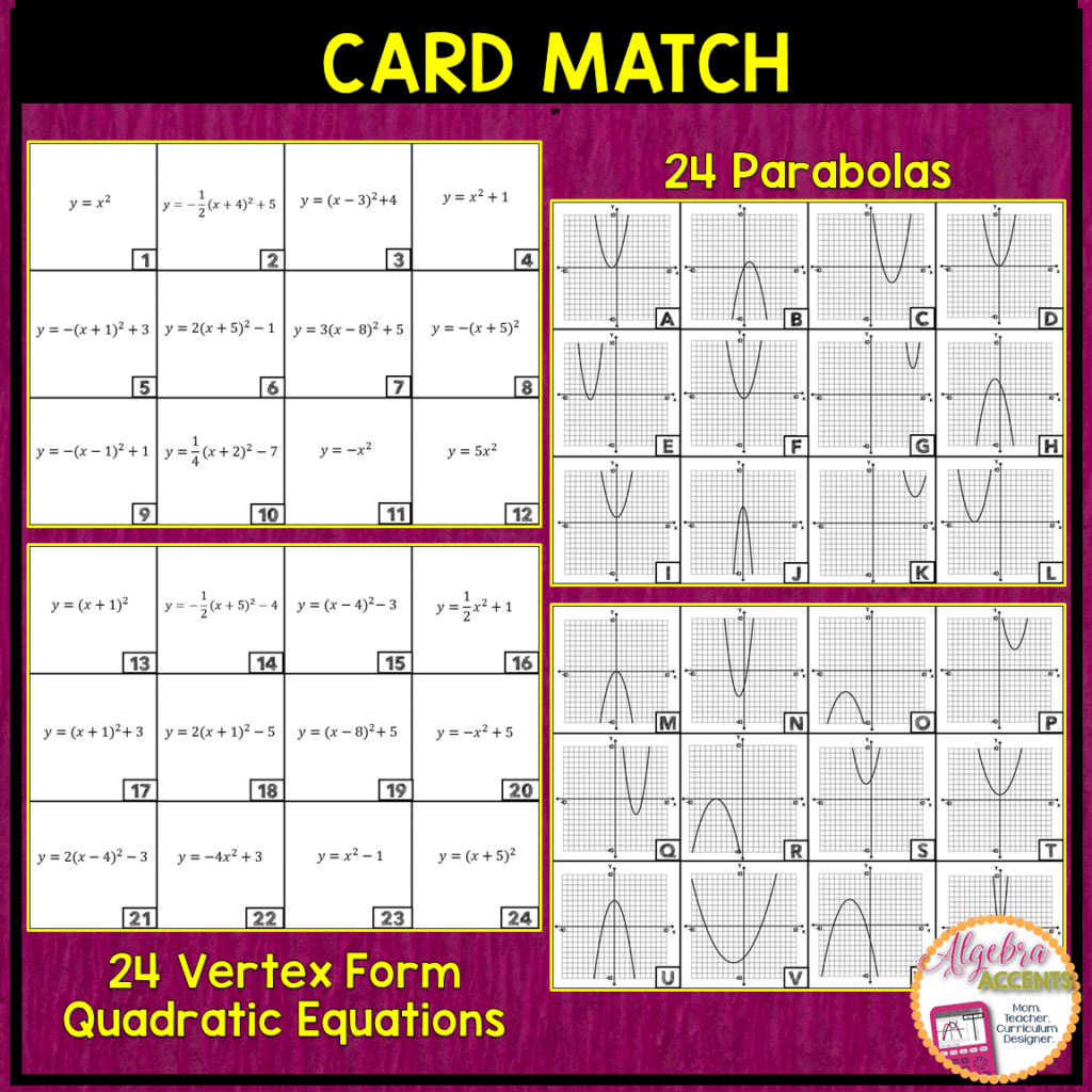 Graphing Quadratic Equations Vertex Form To Graph Matching Activity 