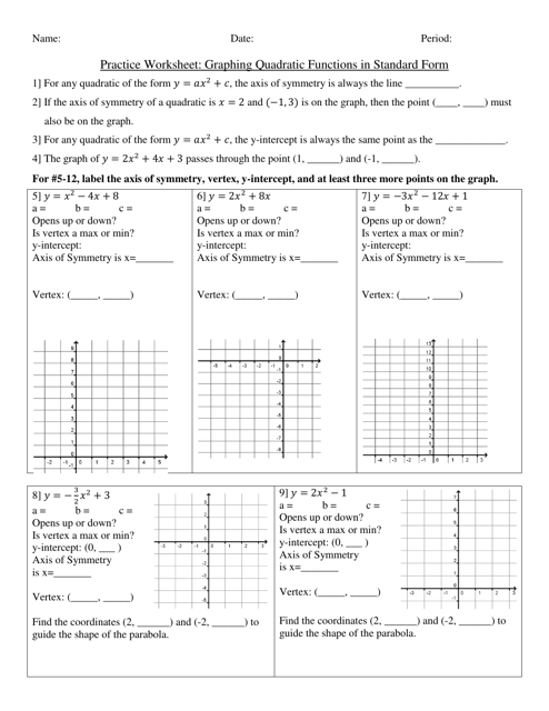 Graphing Quadratic Functions In Standard Form Worksheet 1 Answer Key