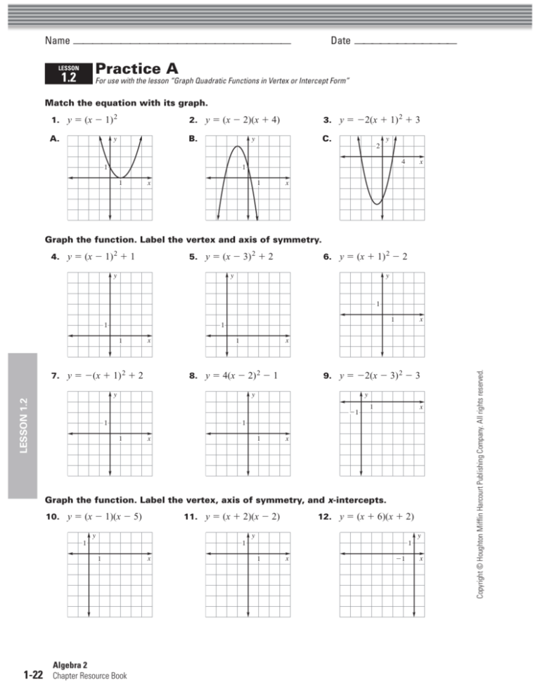 Graphing Quadratic Functions Worksheet Answer Key Algebra 2 Function 