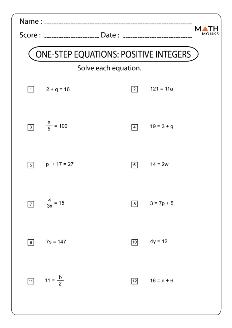 One Step Equations Worksheets Math Monks