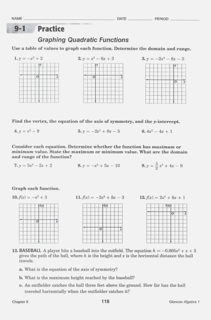 Practice Worksheet Graphing Quadratic Functions In Standard Form Db 