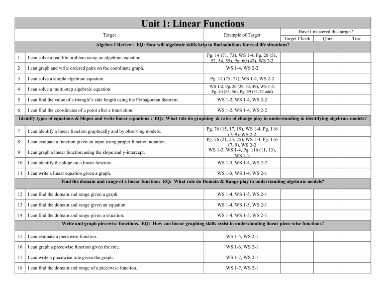 Unit 1 Linear Functions